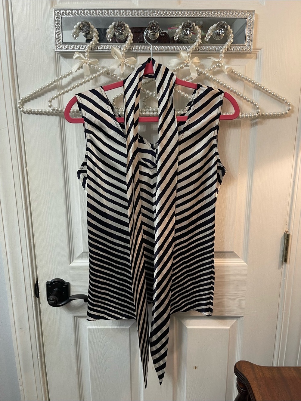 Sleeveless Navy and White Striped Tie-Neck Top